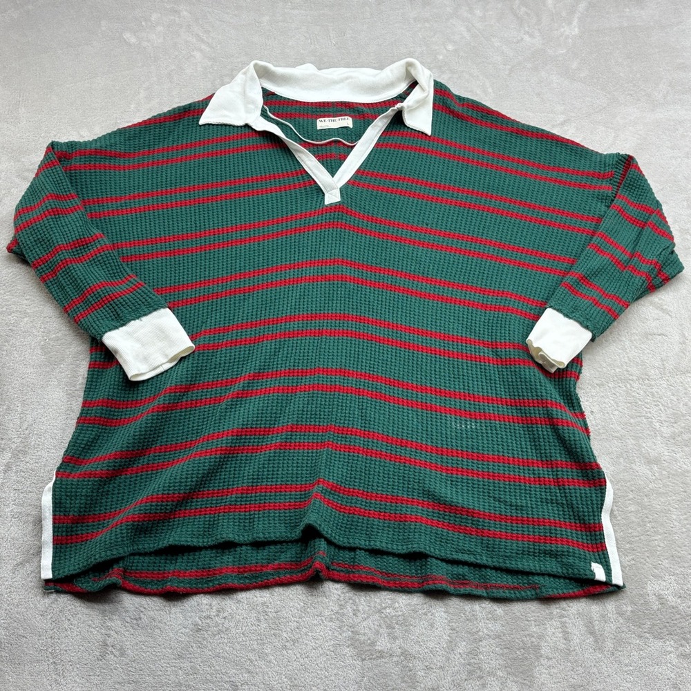 We The Free Rugby Top Women's L Green Red Striped Waffle Knit Oversized Retro